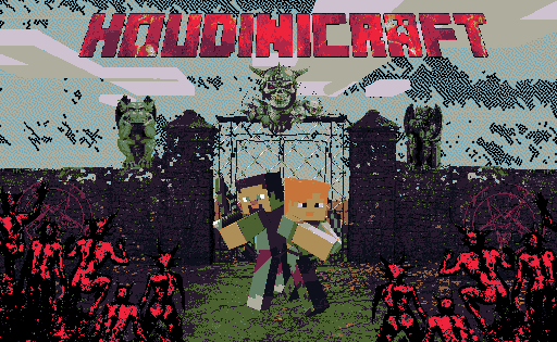 A pixelated image of Minecraft Steve and Alex fighting off a hoard of demons in front of dark-colored brick gates. The text 'HOUDINICRAFT' appears in bright red over them against a sky blue background.