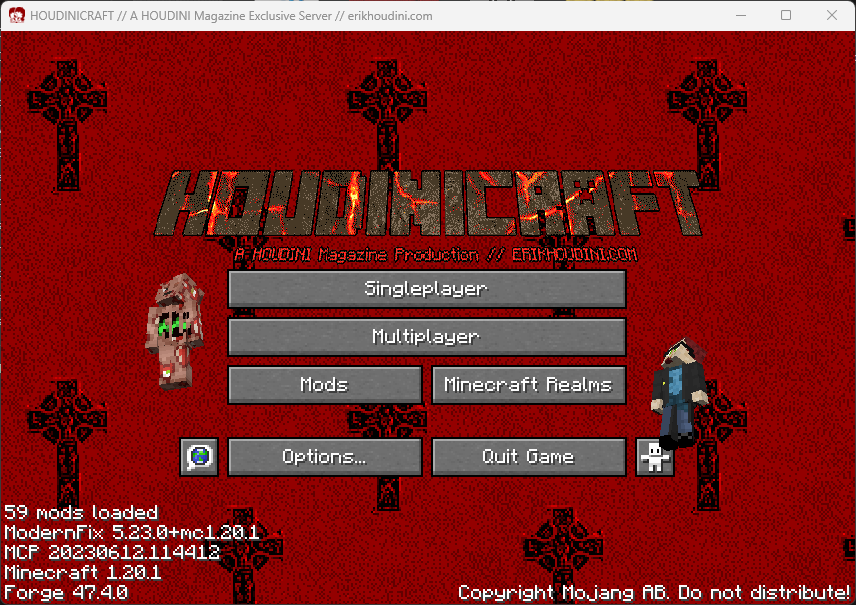 A screenshot of a customized Minecraft client featuring a red and black background with crosses, as well as a reimagined Minecraft logo that says, 'HOUDINICRAFT: A HOUDINI Magazine Production // ERIKHOUDINI.COM'